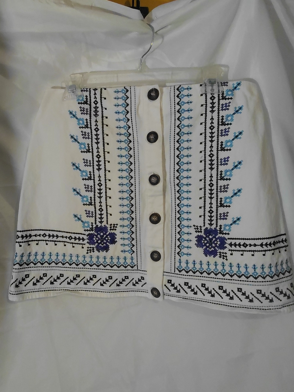 White Embroidered Button-Front Mini Skirt with Blue & Purple Floral Detail